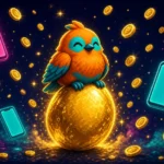 Stylized pixel bird sitting on a glowing golden egg surrounded by phones and gold coins, symbolizing success in hyper-casual games.