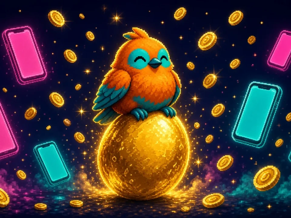 Stylized pixel bird sitting on a glowing golden egg surrounded by phones and gold coins, symbolizing success in hyper-casual games.