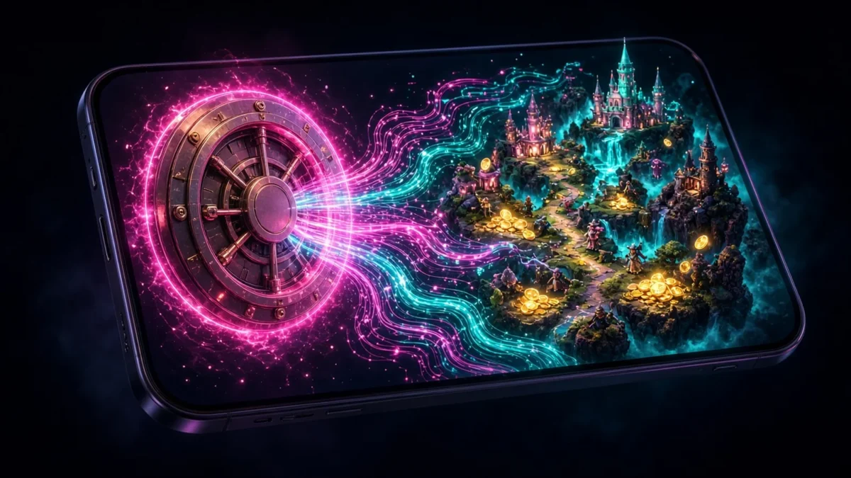 Smartphone screen with a glowing vault door streaming light into a miniature fantasy game world, illustrating a cloud wallet mobile SDK for Unity games.