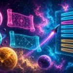 Alien planets with holographic lore scrolls and a glowing space leaderboard, depicting Milky Way Miner's expansion into Alien Worlds lore and competition.