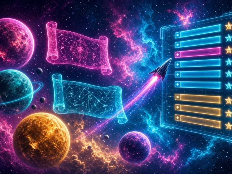 Alien planets with holographic lore scrolls and a glowing space leaderboard, depicting Milky Way Miner's expansion into Alien Worlds lore and competition.