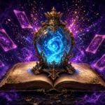 Ornate soul lantern with a swirling blue spirit on an open spellbook surrounded by floating magic cards, celebrating the Soulkeep release and demo.