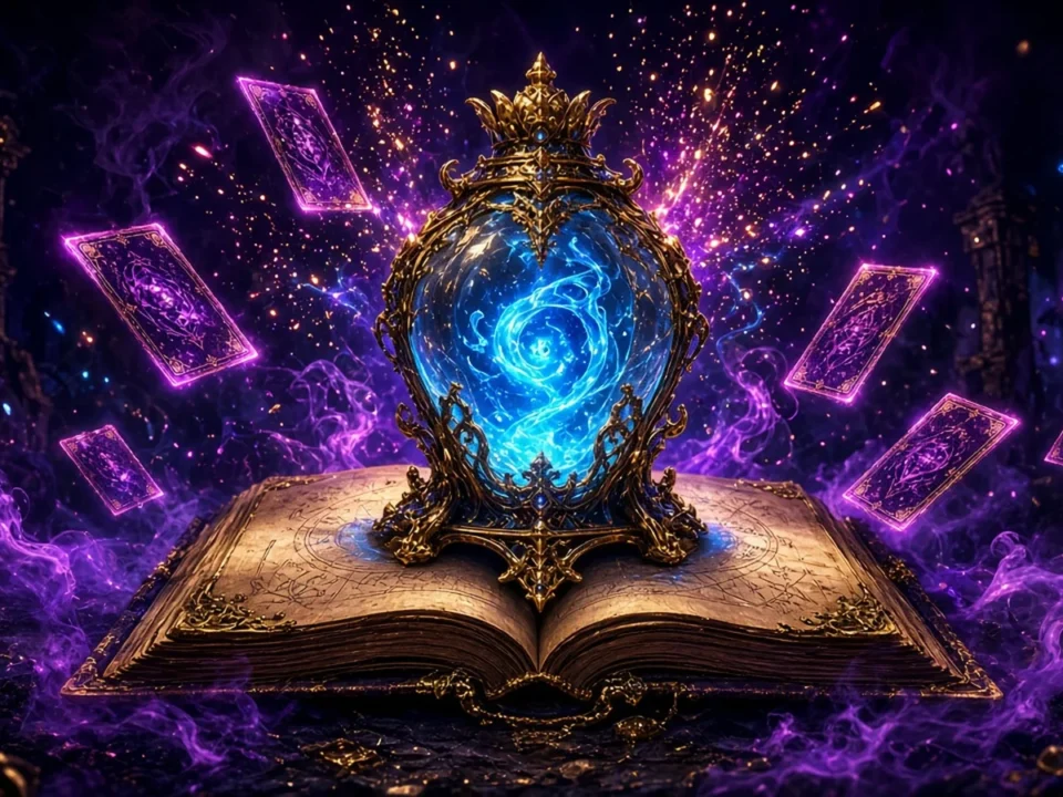 Ornate soul lantern with a swirling blue spirit on an open spellbook surrounded by floating magic cards, celebrating the Soulkeep release and demo.