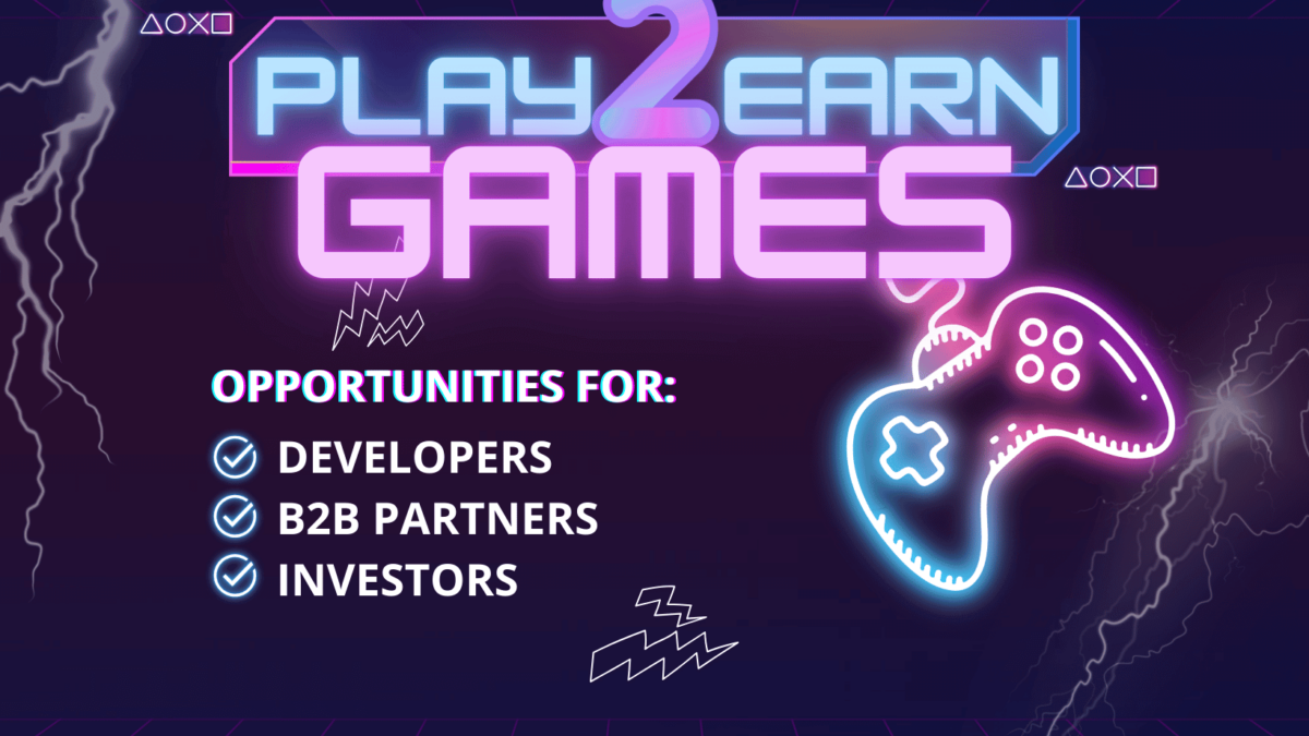 Neon-themed graphic with the title 'Play2Earn Games' in glowing blue and purple text, set against a dark grid background with lightning streaks. The image highlights opportunities for 'Developers,' 'B2B Partners,' and 'Investors,' each marked with a checkmark. A neon gaming controller is shown on the right side, with symbols and lines adding a dynamic, futuristic vibe