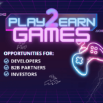 Neon-themed graphic with the title 'Play2Earn Games' in glowing blue and purple text, set against a dark grid background with lightning streaks. The image highlights opportunities for 'Developers,' 'B2B Partners,' and 'Investors,' each marked with a checkmark. A neon gaming controller is shown on the right side, with symbols and lines adding a dynamic, futuristic vibe