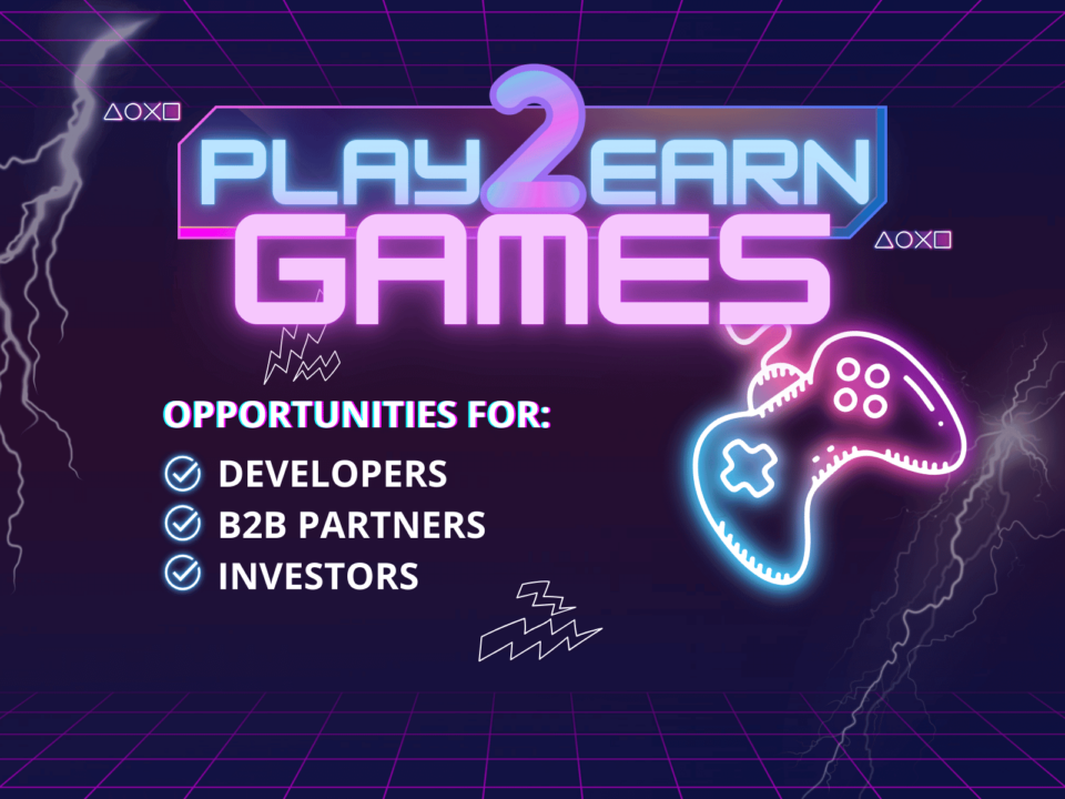 Neon-themed graphic with the title 'Play2Earn Games' in glowing blue and purple text, set against a dark grid background with lightning streaks. The image highlights opportunities for 'Developers,' 'B2B Partners,' and 'Investors,' each marked with a checkmark. A neon gaming controller is shown on the right side, with symbols and lines adding a dynamic, futuristic vibe