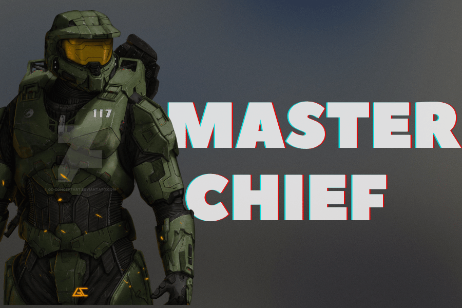 Master Chief, the iconic video game character from the Halo series, depicted in his green armored suit with a yellow visor, standing powerfully alongside bold white text displaying his name.