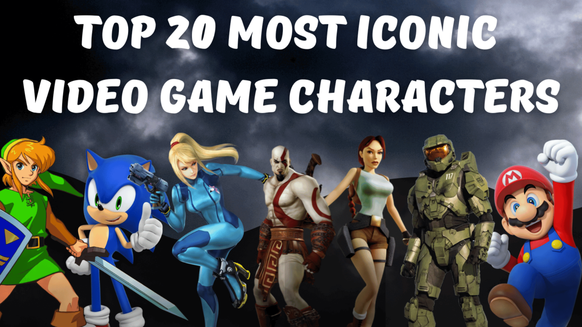 Top 20 Most Iconic Video Game Characters - A visually striking image featuring famous characters like Mario, Sonic, Link, Lara Croft, Kratos, Master Chief, and Samus Aran, set against a dramatic cloudy background.