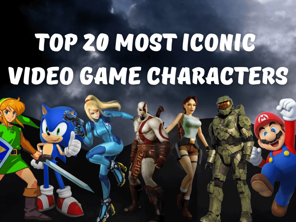 Top 20 Most Iconic Video Game Characters - A visually striking image featuring famous characters like Mario, Sonic, Link, Lara Croft, Kratos, Master Chief, and Samus Aran, set against a dramatic cloudy background.