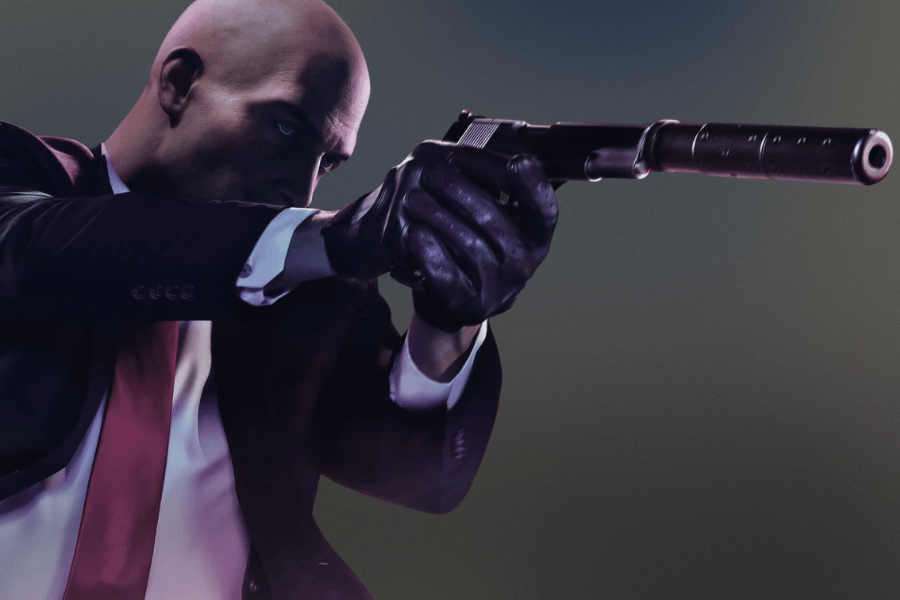 Agent 47, the iconic character from the Hitman series, depicted in a stealthy pose aiming a silenced pistol, dressed in a sharp black suit, red tie, and leather gloves, exuding precision and control.