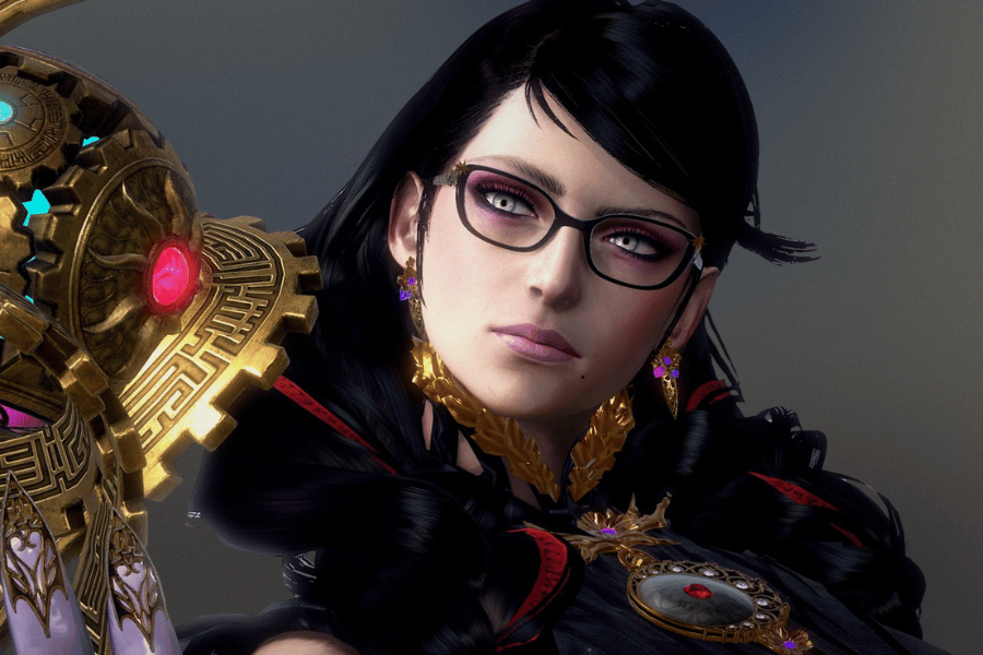 Bayonetta, the stylish witch from the Bayonetta series, shown in a close-up with her signature glasses, intricate accessories, and confident expression, exuding elegance and power.