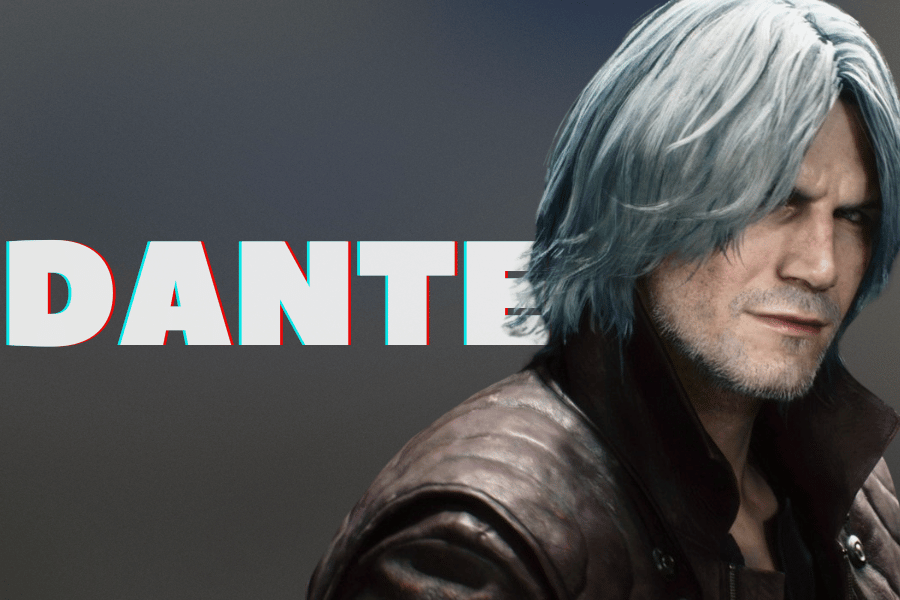 Dante, the iconic protagonist from the Devil May Cry series, depicted with his signature silver hair and a confident smirk, wearing a dark leather jacket, alongside bold text displaying his name.