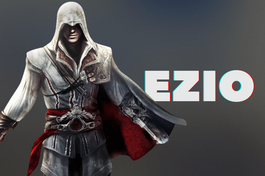 Ezio Auditore, the legendary Assassin from the Assassin’s Creed series, depicted in his iconic white hooded robe with detailed armor and a red cape, alongside bold text displaying his name.