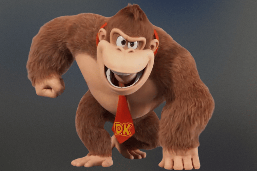 Donkey Kong, the iconic video game character, shown in a dynamic pose with a confident expression, wearing his signature red tie featuring the 'DK' logo.