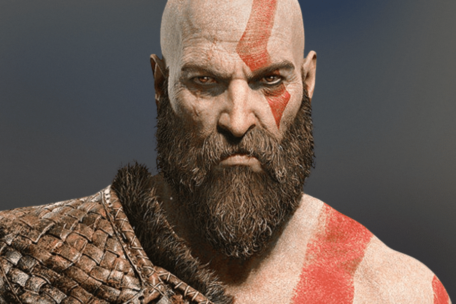 Kratos, the iconic protagonist from the God of War series, depicted in a close-up with his bald head, thick beard, intense gaze, and red war paint across his face and body, exuding strength and determination.