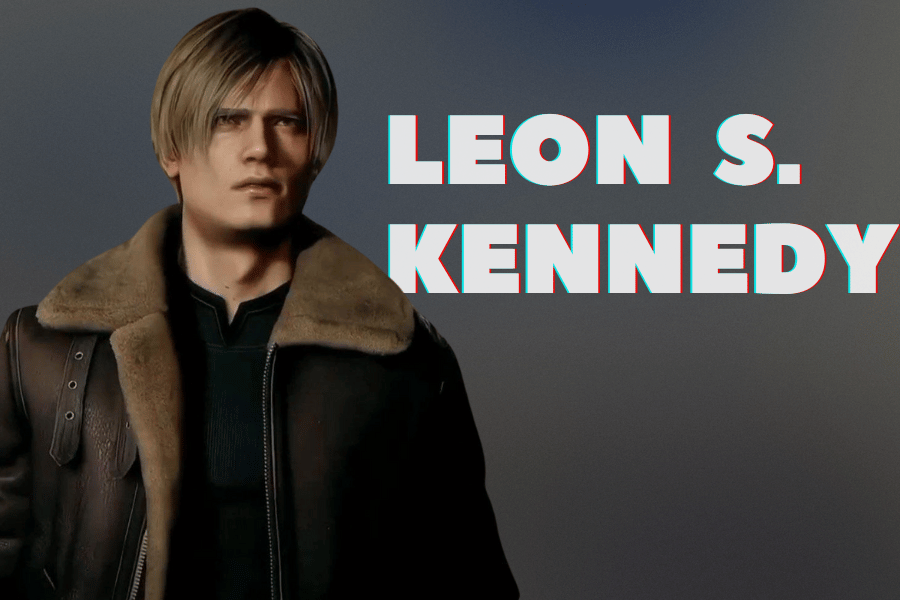 Leon S. Kennedy, the iconic character from the Resident Evil series, shown in a confident pose wearing a brown leather jacket with a fur collar, alongside bold text displaying his name.