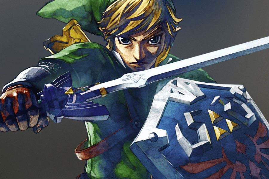 Link, the iconic video game character from The Legend of Zelda series, wielding the Master Sword and Hylian Shield, embodying courage and heroism in battle