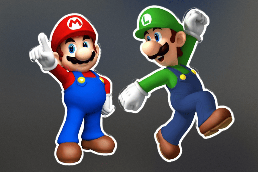 Mario and Luigi, two of the most iconic video game characters from Nintendo, standing together in their classic red and green outfits, showcasing their playful and adventurous personalities.