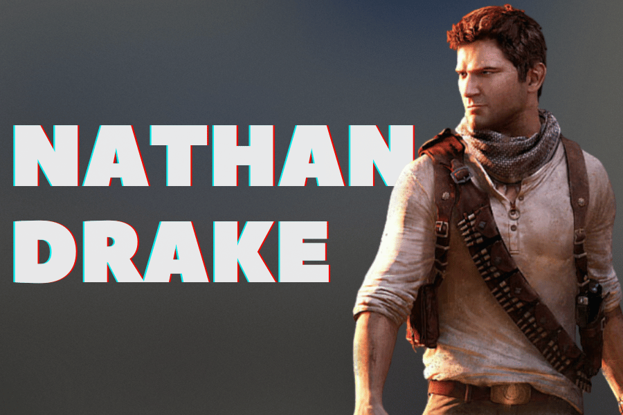 Nathan Drake, the adventurous protagonist from the Uncharted series, depicted in a rugged outfit with a scarf and gun holsters, exuding confidence and determination, alongside bold text displaying his name.