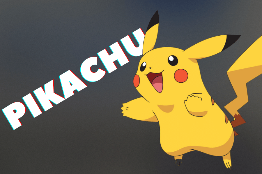 Pikachu, one of beloved Pokémon video game characters, shown in an energetic pose with its bright yellow body, red cheeks, and lightning bolt-shaped tail, alongside bold text displaying its name.