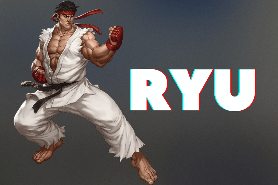 Ryu, the iconic martial artist from the Street Fighter series, shown in a dynamic fighting stance wearing his signature white gi, red headband, and red gloves, with bold text displaying his name in the background.