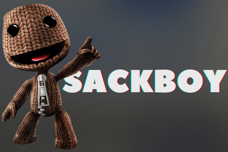 Sackboy, the charming and creative character from LittleBigPlanet, depicted as a small knitted figure with a big smile, pointing playfully, alongside bold text displaying his name.