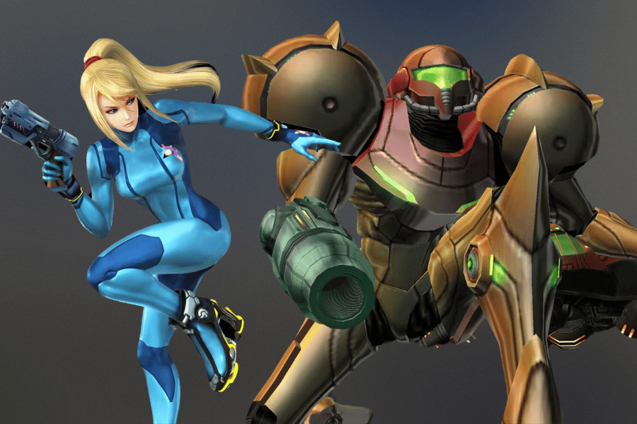 Samus Aran, the legendary bounty hunter from the Metroid series, wearing her iconic orange Power Suit, armed with her arm cannon, and standing in a poised, ready-for-action stance.