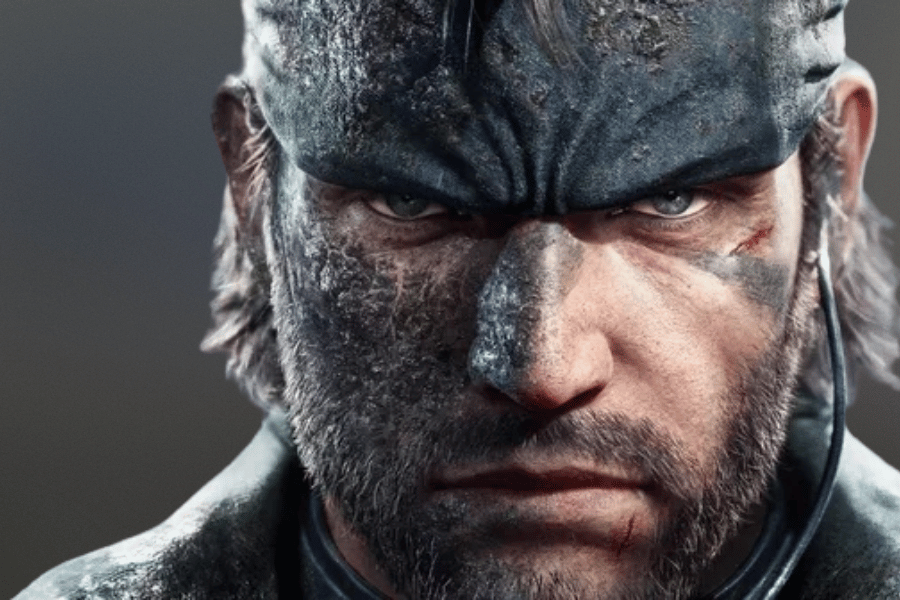 Solid Snake, the legendary operative from the Metal Gear series, shown in an intense close-up with a weathered face, battle scars, and his iconic bandana, exuding determination and resilience.