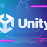 unity game engine logo with futuristic bachground and neon lights, double coconut website url