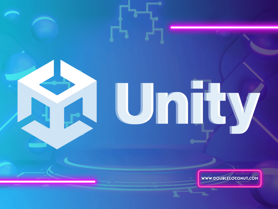 unity game engine logo with futuristic bachground and neon lights, double coconut website url