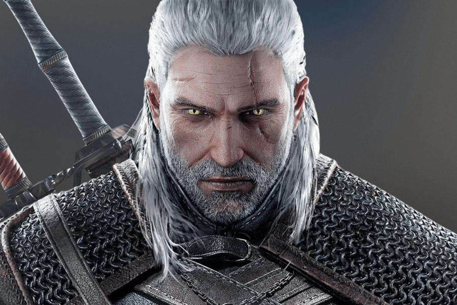 Geralt of Rivia, the iconic protagonist from The Witcher series, shown in a close-up with his signature white hair, scarred face, piercing yellow eyes, and armored attire, exuding a rugged and determined aura.