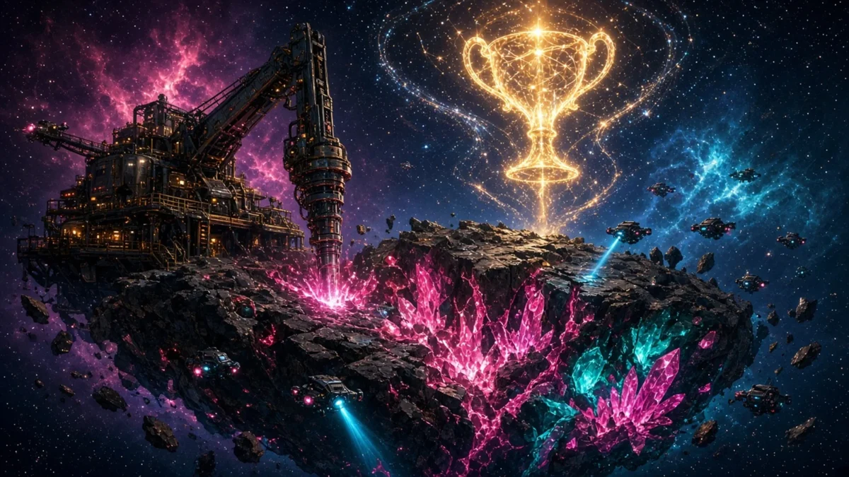 Asteroid mining rig drilling glowing crystals beneath a starlight trophy, illustrating Milky Way Miner's community space-mining tournaments.
