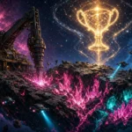Asteroid mining rig drilling glowing crystals beneath a starlight trophy, illustrating Milky Way Miner's community space-mining tournaments.
