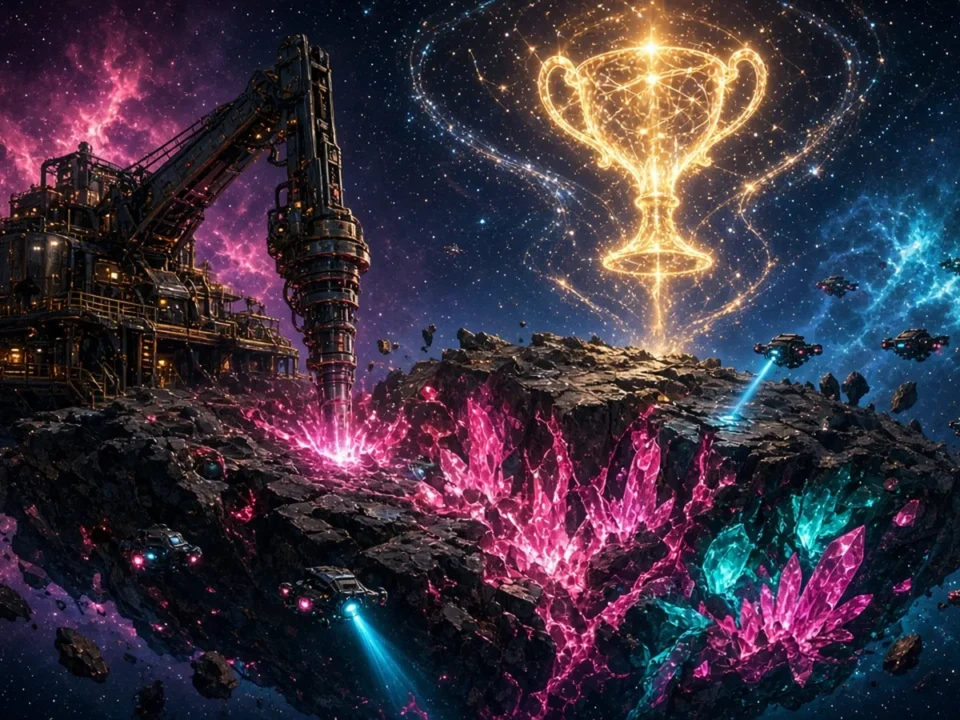 Asteroid mining rig drilling glowing crystals beneath a starlight trophy, illustrating Milky Way Miner's community space-mining tournaments.